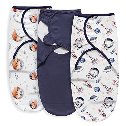 Image of Little Tots Swaddle Blanket for Baby Girl Boy Easy Change Infant Wrap 2 or 3 Pack Adjustable Sleep Sack for Newborn Babies 0-3 Month (Animals & Rockets)