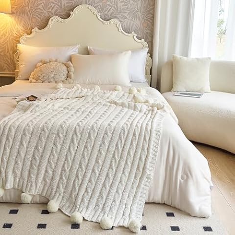 Brnabiou Soft Chenille White Throw Blanket Pompom Super Soft Cozy Lightweight Plush Chenille Throw Blanket for Couch Sofa Bed Farmhouse Home Decor 50X60 inch (50"X60", White) Cover