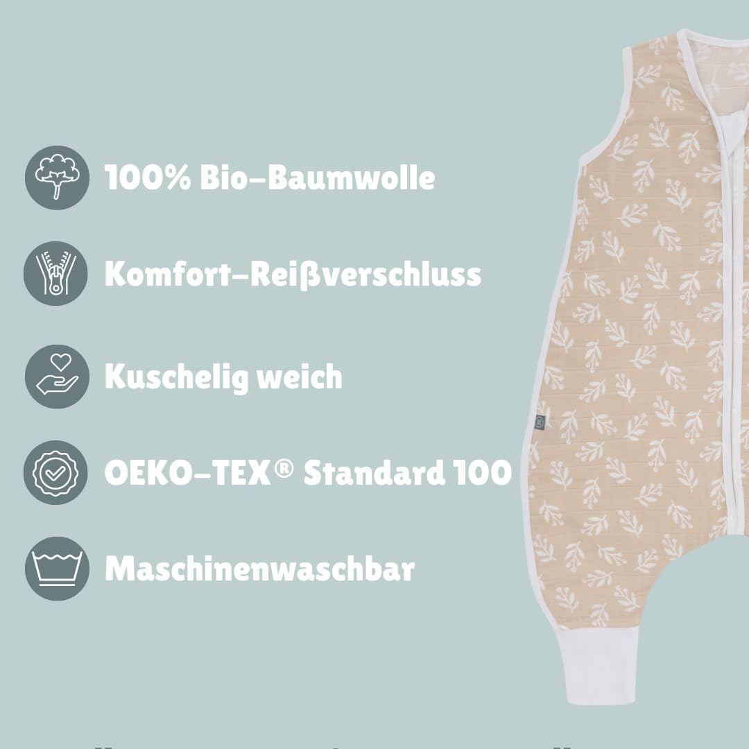 emma & noah Baby Schlafsack mit Füßen 0.5 TOG, Musselin Schlafsack mit Beinen für den Sommer, 100% Bio-Baumwolle, OEKO-TEX Zertifiziert, Stampelsack für Neugeborene (Leo Grau, 90 cm)