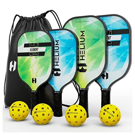 Helium Element Pickleball Family 4-Pack - 2 Child-Size & 2 Adult-Size Paddles, Lightweight Pickleball Set with Honeycomb Core, Graphite Strike Face, 4 Pickleballs & Convenient Drawstring Bag