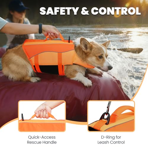 Image of VIVAGLORY Dog Life Vest Front Float Dog Swim Vest, M, Dark Orange | Life Jacket with Chin Float & Handle for Swimming & Boating, High Visibility Adjustable for Doggy Cat Puppy
