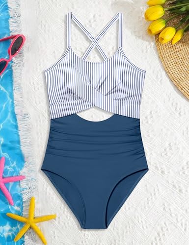 Image of Girl Swimsuit One Piece Cutout Ruched Bathing Suit for Girls Color Block Adjustable Straps Pad Swimwear 9-18y