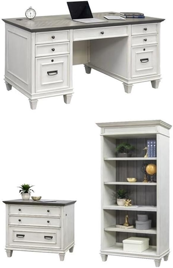 BOWERY HILL Set of 3 Double Pedestal Desk & Open Bookcase & File Cabinet - White