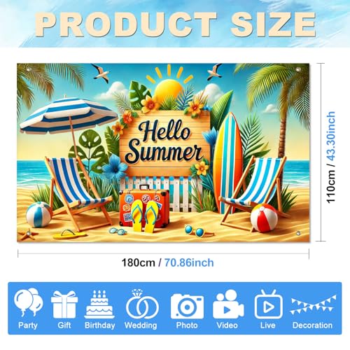 Image of BlissYard Hello Summer Banner 71 x 43 Inches Summer Party Decorations, Beach Theme Party Decorations Hawaiian Party Decorations, Aloha Banner for Luau Tiki Party Supplies, Beach Party Decorations