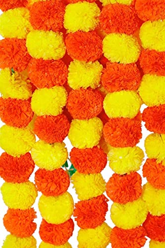 Image of Artificial Marigold Flowers | Genda Phool for Decoration | Genda Phool Mala | Marigold Garland (5 Pieces) (Yellow + Orange)
