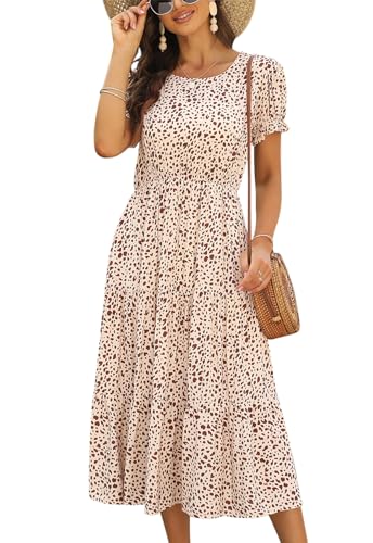 Image of NAVINS Womens Floral Print Modest Wedding Guest Midi Dress with Pockets | Puff sleeve tiered boho dress for summer, church, and vacations. Elastic waist, Below knee, hand or machine wash.