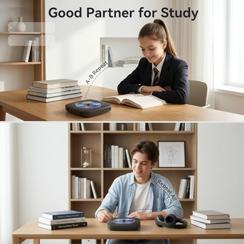 Image of CD Player Portable Bluetooth Rechargeable: CD Players for Home with 1800mAh Kegaudio Desktop Wall CD Player with Speakers Dust Cover FM Radio USB AUX Jack Remote Control