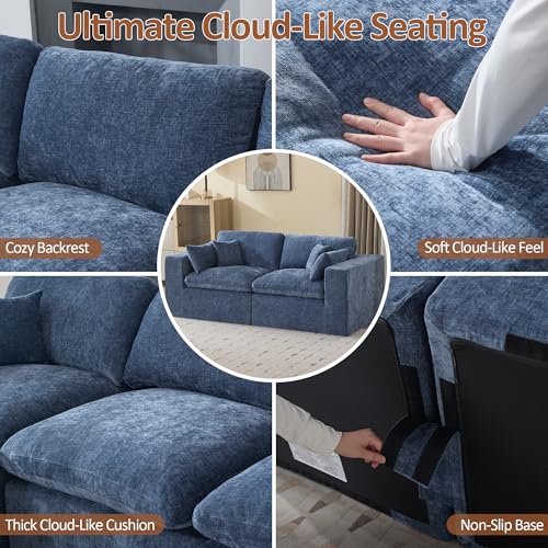Image of 83''Cloud Boneless Sectional Couch, Modular Sectional Sofa Deep Seat, Upholstered Convertible Comfy Loveseat Chenille Memory Foam Sofa Couches for Living Room, Blue