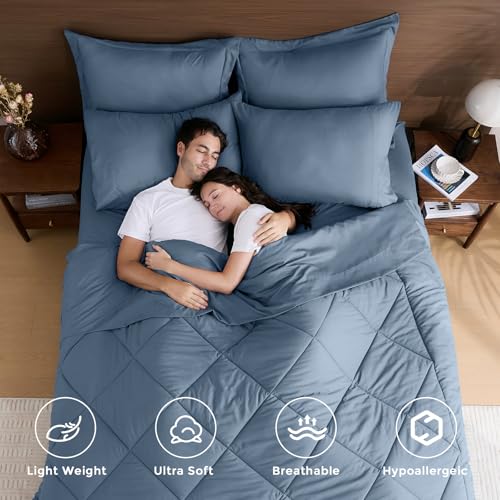 HEVUMYI Dusty Blue Full Comforter Set - 7-Piece All Season Bed in a Bag Full, Ultra Soft Bedding Set with Comforter, Flat Sheet, Fitted Sheet, Pillowcases, Pillow Shams