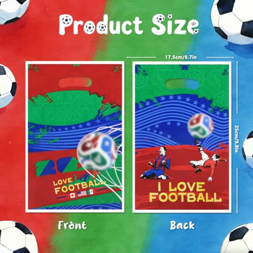 Geluode Sacos de presente para a Copa do Mundo de 2026, 50 peças de sacos de guloseimas de futebol com dupla face I Love Football 16,5 x 24,9 cm, EUA, Canadá, México, Tournament Party Gifts Bags com