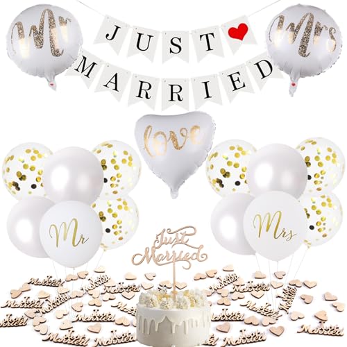 Just Married Deko Hochzeitsdeko Kit, Mr & Mrs Deko Hochzeit Luftballons Just Married Girlande Konfetti Hochzeit Holz Cake Topper Herzluftballons