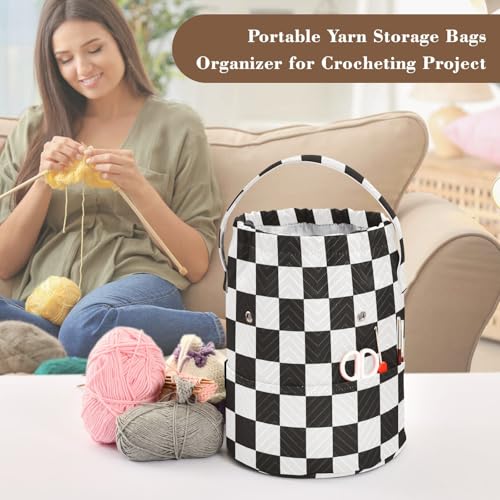 Image of Tatenale Crochet Bag Yarn Bag Knitting Project Bag with Pockets and Handle Portable Yarn Storage Organizer Tangle Free 8.3x11 InchCheckered Black and White15