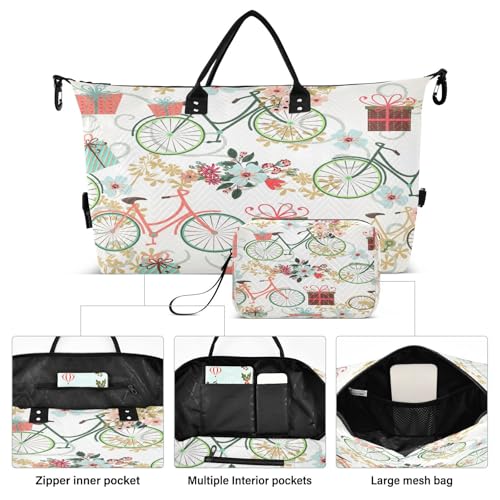 susiyo Funny Bicycles Flowers Expandable Travel Duffle Bag, Large Weekender Overnight Bags and Adjustable Strap, Carry On Shoulder Tote Bag, Gym Duffel Bag with Toiletry Bags for Hospital2