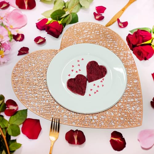 12 Sets Rose Gold Valentines Day Placemats Heart, Placemats and Matching Coaster Valentines Day Decorations Metallic Pressed Vinyl Table Mat for Wedding Anniversary Party (Rose Gold)