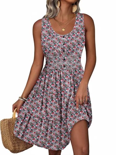 Image of Summer Dresses for Women Casual Sleeveless Sundresses Elastic Waist Mini Sun Dress