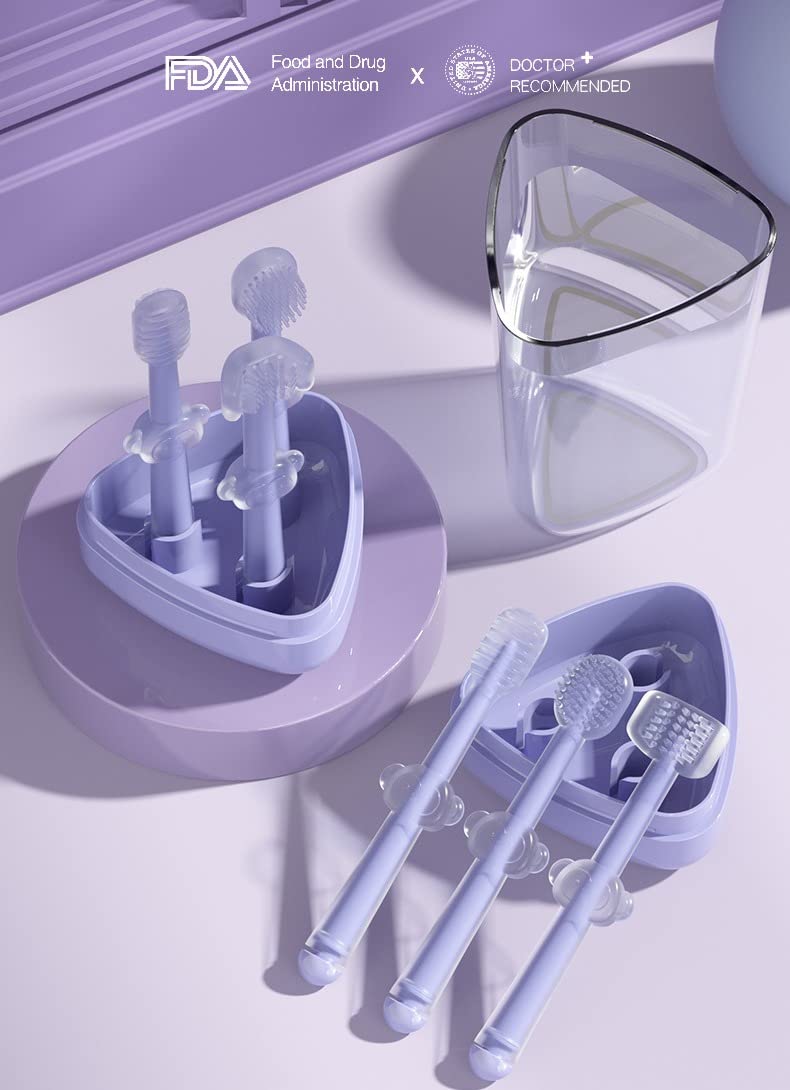Moppets 3 Steps Silicone Baby Training Toothbrush Set - Tongue Cleaner & U Shaped Toothbrush for Kids Oral Care With Travel Case (Purple), Manual, Pack of 3