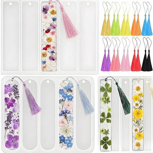 Bookmark Resin Molds Silicone Set of 15-Cavity Bookmark Making Kit Silicone Molds with Hole & 20 Pcs Colorful Tassels for Epoxy Resin Casting Personalized Handmade Gifts & Arts