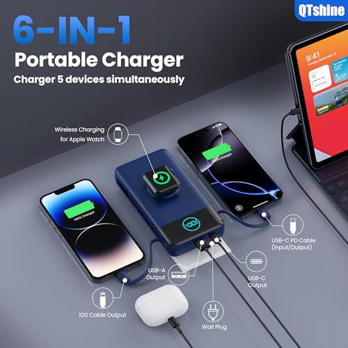 Image of Portable Charger for iPhone, 40800mAh Power Bank with Built-in Cables & AC Wall Plug, 5 Outputs USB C Fast Charging External Battery Pack for iPhone 17 /16 /15 /14, Android, Travel Essential (Blue)