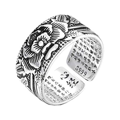 NANHONG Sterling Silver Ring with Gift Box-3D Engraving Scripture Lotus Scriptures Ring Cover