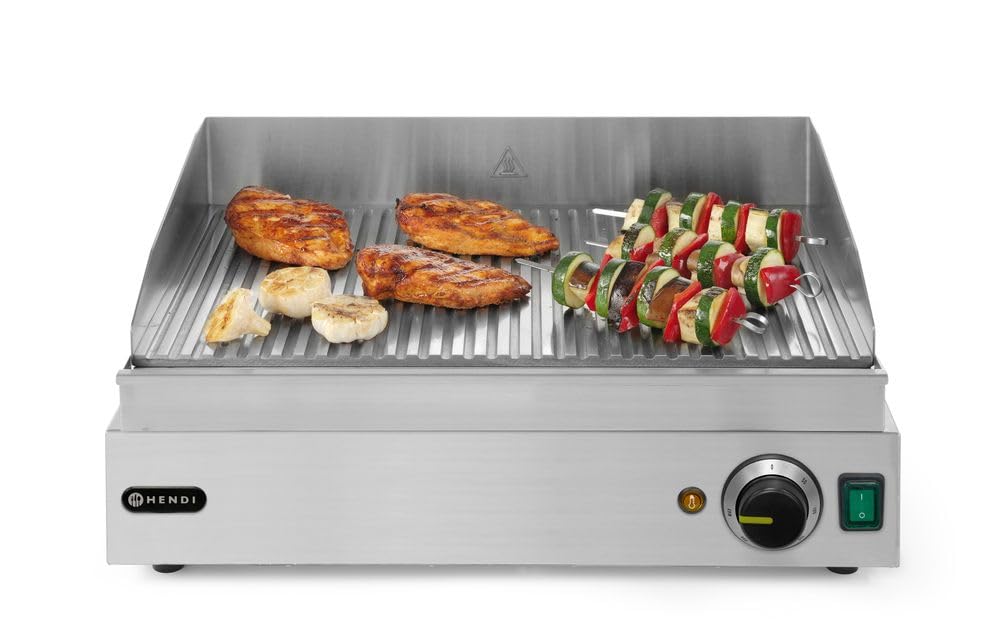 HENDI Plancha de asar eléctrica acanalada, grill parrilla con bandeja de goteo extraíble, temperatura regulable hasta 300°C, 230V, 2400W, 550x380x(H)240mm, acero inoxidable