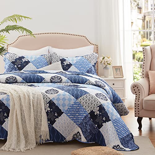 Full/Queen Size Quilt Set 3 Pieces Lightweight Reversible Bedspread-90''x98'' Soft Patchwork Floral Coverlet Luxurious Warm Microfiber Bed Cover All Seasons Blue Bedding Set(1 Quilt,2 Pillow Shams)