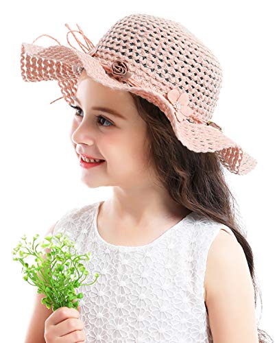 Bienvenu Girls Straw Hat Sun Hat Summer Beach Hat with Flowers2