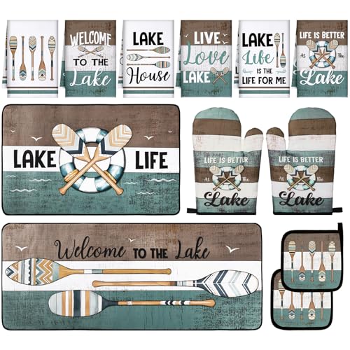 VitalCozy 12 Pcs Life Decor Paddles Lake Kitchen Rugs and Towels Oven Mitts Pot Holders Set Absorbent Dish Towels Heat Resistant Pot Holders Kitchen Decor Farmhouse Decorations(Oar Style)