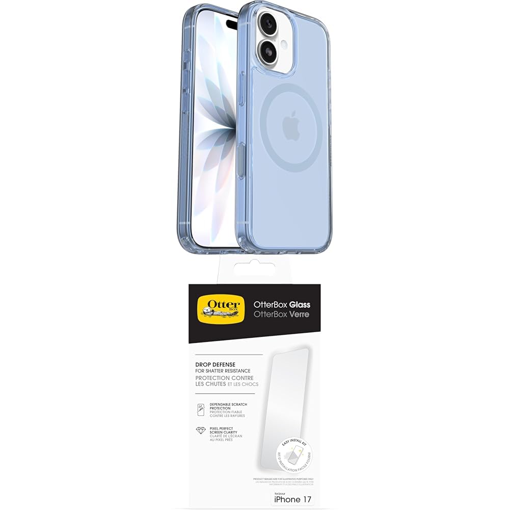 OtterBox Symmetry Series Clear MagSafe funda para iPhone 17, Testada 3x con los estándares Militares anticaídas, Transparente/Azul + OtterBox Glass Protector de Pantalla de Cristal Templado