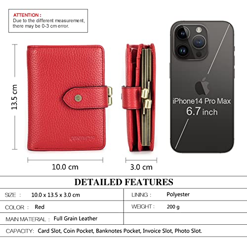 Contacts Womens Wallet Kiss Lock Purse RFID 11 Card Slots Ladies Bifold Leather Clutch with ID Window (Red) - Image 3