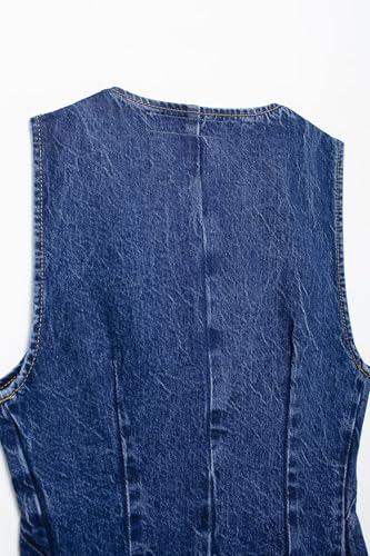 Women's Sleeveless V-Neck Asymmetric Design Denim Vest, Button Front, Dark Blue4