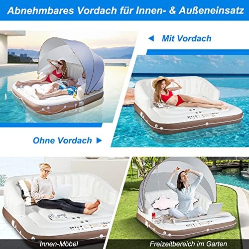FANTASK Luxus-Inselbett XXL, Aufblasbare Schwimminsel mit einziehbarer & Abnehmbarer Überdachung, Badeinsel mit 2 Getränkehaltern 180 x180 x160 cm, Weiß, Braun, Silber