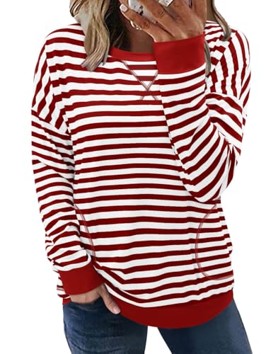 ONLYSHE Womens Casual Long Sleeve Tops Crew Neck Shirts Loose T-Shirts Fall Pullover Color Block Tunic with Striped,Red,Small