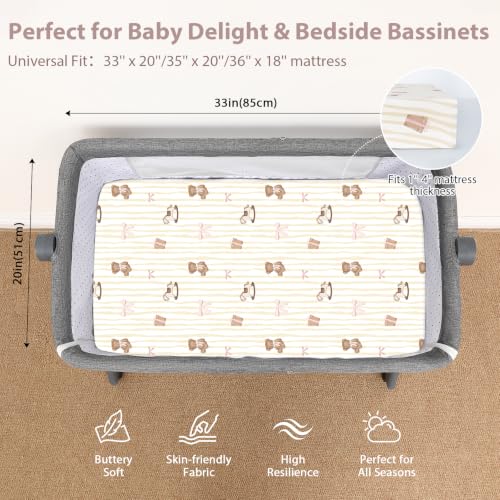 Image of Baby Bedside Bassinet Sheets Fitted, 33 inchx20 inch Compatible with Baby Delight Dream On Me & Most Rectangle Bedside Sleeper Bassinet Mattresses, Super Soft Microfiber Pink Bear