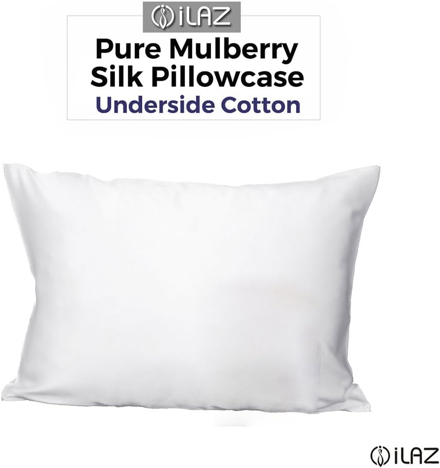 iLAZ 100% Pure Mulberry Silk Pillowcase for Haircare with Cotton Underside Hidden Zipper Closure Charmeuse Hypoallergenic Queen 20x30 Inch(50x75cm) Ivory White 1pc 19 Momme Gift Box