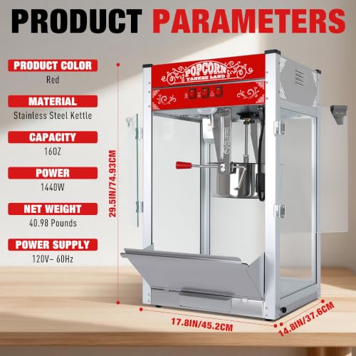 Image of Countertop Popcorn Machine 16 Oz Popcorn Maker for Commercial Red | 3 Independently Controlled Switches, Easy to Use /Clean, Vintage Design, Quick Heat, Great for Commercial /Home