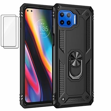 Capa para Motorola Moto G 5G Plus Capinha com protetor de tela de vidro temperado [2 Pack], Case para telefone de proteção militar com suporte para Motorola Moto G 5G Plus (preto)