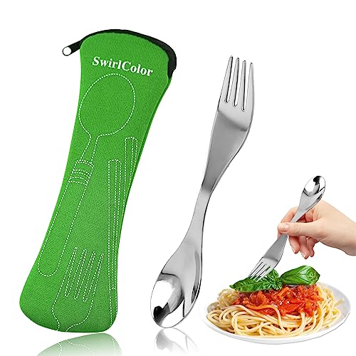 Göffel Camping Besteck, Wiederverwendbare Sporks Edelstahl Portable Reisebesteck mit Bestecktasche für Picknick Reise im Freien (Grün)