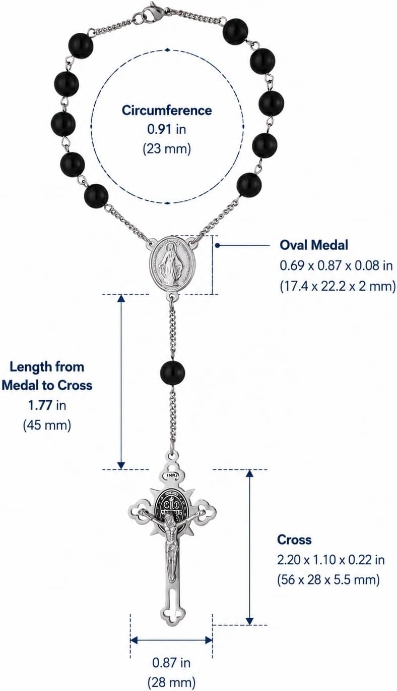 Catholic Car Rosary for Rearview Mirror, Natural Stone, Saint Benedict Crucifix & Saint Mary Medal, Premium Stainless Steel Car Charm, Christian Gift