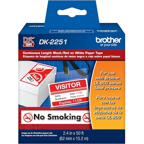Brother Genuine DK-2251 Continuous Length Replacement Labels, Black/Red Label on White Paper Tape, Engineered with Excellence, 2.4” x 50 feet, 1 Roll per Box