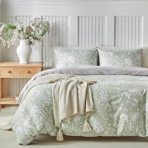 Image of Lekesky Queen Size Duvet Cover Set, Reversible Duvet Cover Queen with White Floral Pattern, Lightweight Soft Microfiber Comforter Cover, 3 Pieces Green Bedding Set with Zipper and 2 Pillowcases