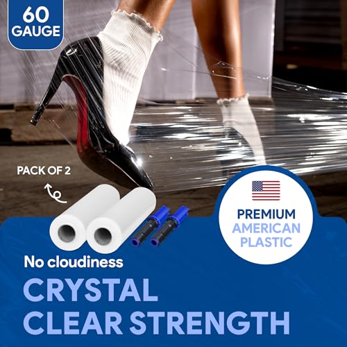 Image of International Plastics Co. 2 Pack 15 inch Plastic Stretch Film Wrap with Extended Tension Handles 1200ft Each 500% Stretch Clear Cling Durable Adhering Packing Moving Heavy Duty Pallet Shrink