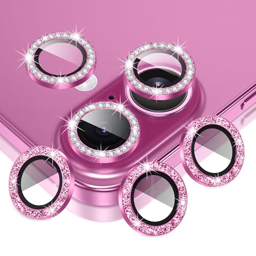 AGVEE 3+3 6 Pack for iPhone 16 6.1 / 16 Plus 6.7 Camera Lens Protector Bling Diamond & Bling Glitter Metal Ring 9H Tempered HD Glass Camera Cover Film Bling-Rose