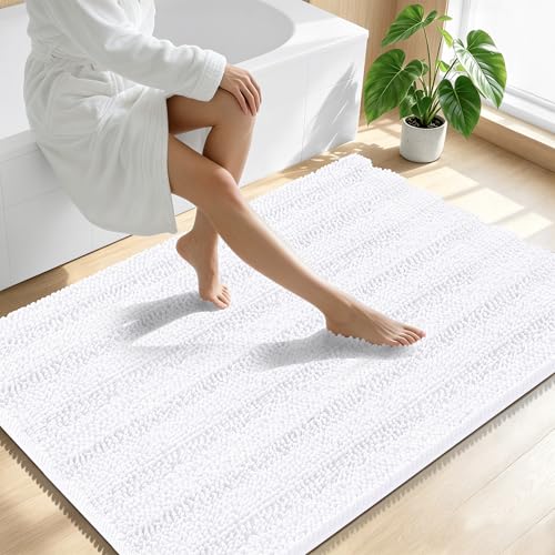 Image of Smiry Thick Chenille Large Bathroom Rugs 44x32, Extra Soft Absorbent Striped Bath Mat, Machine Washable, Rubber Backing, Bath Rugs for Bathroom, Tub & Shower, Home Decor Accessories, White
