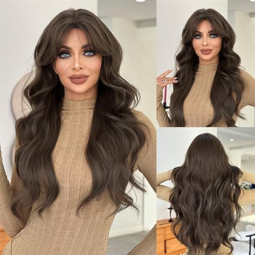 Perruques cheveux humains marron thé pour femme perruque ondulée longue moelleuse avec frange