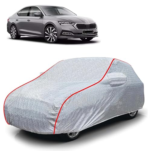 Image of Sulfar 100% Waterproof Car Body Cover Compatible with Mirror for Skoda Octavia (Triple Stitched, Full Bottom Elastic, Magic Silver with Red Piping)