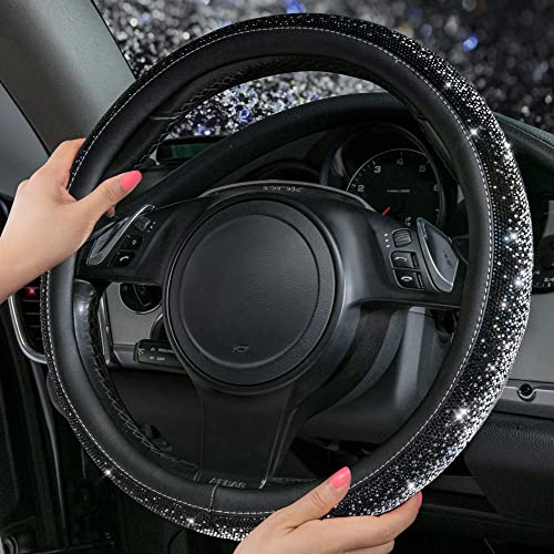 Image of CAR PASS Bling Diamond Leather Steering Wheel Cover, Bling Sparkly Crystal Glitter Rhinestones Universal Fit 14 inch 1 /2-15 inch Car Wheel Protector for Women Girl Fit Suvs,Vans,Sedans,Trucks, Black Silver