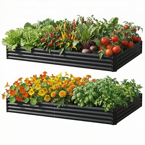 Reachible 2Packs 8x4x1 FT Raised Garden Beds Outdoor, Planter Raised Beds for Gardening, Vegetables, Flowers, Metal Garden Box, Deep Plant Flower pots Outdoor (Black)