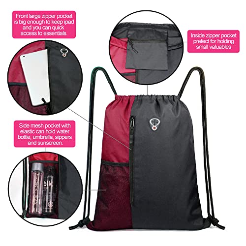 Beegreen Maroon Drawstring Backpack Sports Gym Bag For Women Men Large String Backpack With Zipper And Water Bottle Mesh Pockets Cinch Sack Workout Bag, 16" X 20" #TOP3