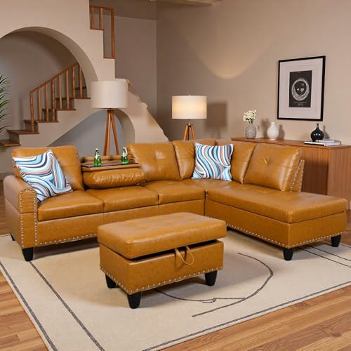 Topcomfy 97.5" Yellow Couch L Shaped Couch Set, Modular Sectional Couches for Living Room with Storage Ottoman, 4 Seat Home Sofa Living Room Furniture Sets with Chaise for Apartment (Leather, Ginger) by Topcomfy - Image 6