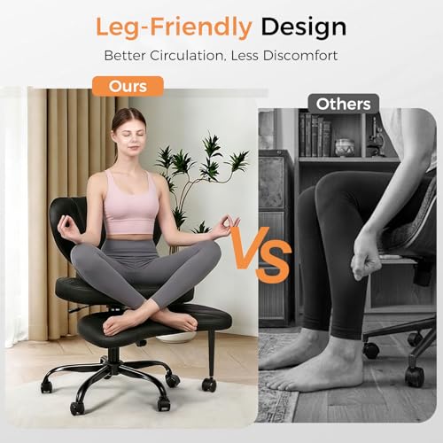 Image of Cross Legged Office Chair, Ergonomic Criss Cross Chair with Wheels, 360 Swivel Height-Adjustable Meditation Chair for Yoga & ADHD, Wide Kneeling Chair with Strong Lumbar Support (Black) BPY01B